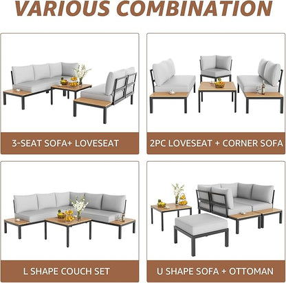 NATURAL EXPRESSIONS Patio Furniture Sets, L Shape Patio Sectional Metal Outdoor Sectional Corner Sofa Outdoor Couch with Detachable Backrest,3 Fauxwood Tables,5” Grey Olefin Cushions