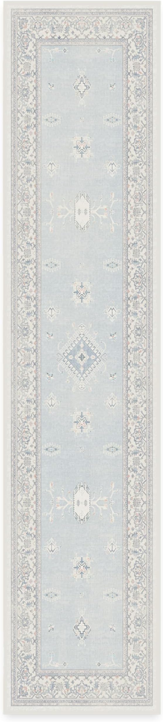 RUGGABLE Washable Vintage Runner Rug – Verena Soft Blue 2.5x12, Stain-Resistant, Non-Slip Hallway Runner – Machine Washable Rug for Hallway, Entryway, Living Room & Kitchen–with Standard Pad