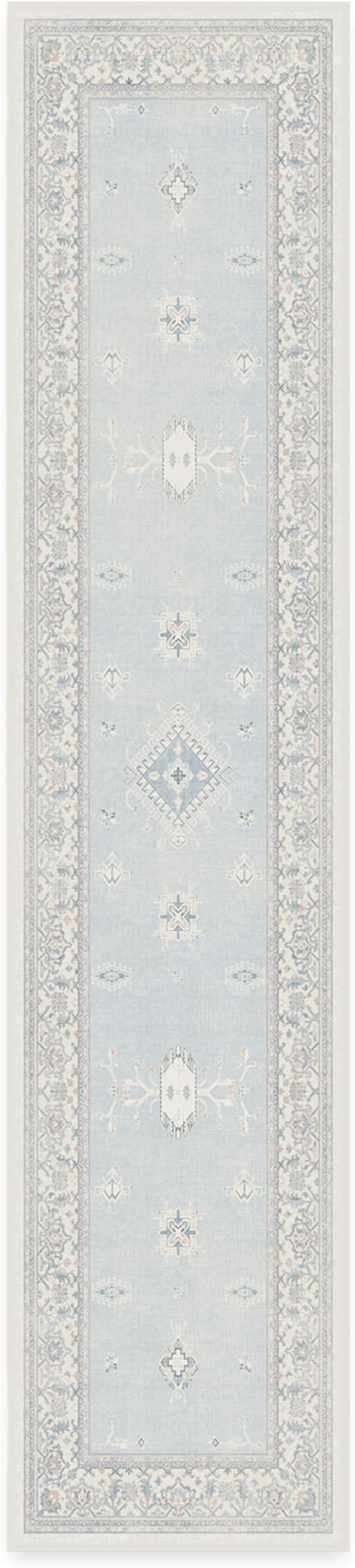 RUGGABLE Washable Vintage Runner Rug – Verena Soft Blue 2.5x12, Stain-Resistant, Non-Slip Hallway Runner – Machine Washable Rug for Hallway, Entryway, Living Room & Kitchen–with Standard Pad