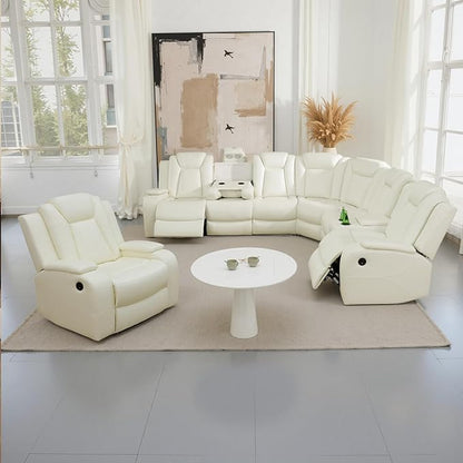 Power Recliner Sectional Couch with LED, Leather Reclining Sofa for Living Room, Muti-Functional Recliner Corner Sectional with Storage Console/Cup Holders/USB Ports (Creamy White, SECTIONAL & CHAIR)