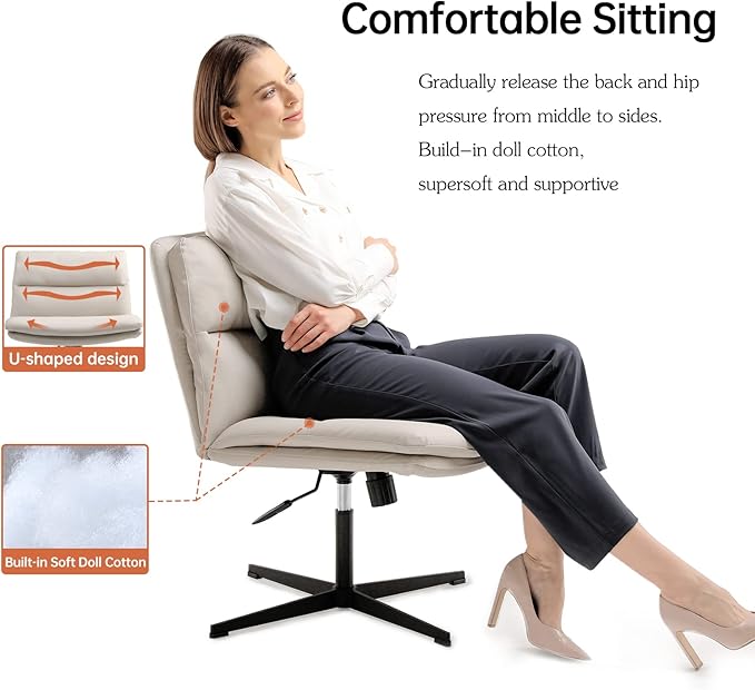 EMIAH Armless Office Desk Chair No Wheels PU-Padded Vanity Mid-Back Ergonomic Home Computer Comfortable Adjustable Swivel Task Chair with Thickened Cushion