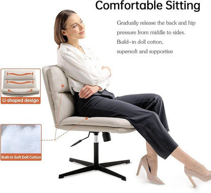 EMIAH Armless Office Desk Chair No Wheels PU-Padded Vanity Mid-Back Ergonomic Home Computer Comfortable Adjustable Swivel Task Chair with Thickened Cushion