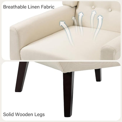 Accent Chair, Mid-Century Modern Fabric Chairs with Arms for Living Room, Comfy Upholstered Club Single Sofa Armchair for Bedroom Waiting Room with Solid Wood Frame (Fabric White, Set of 2)