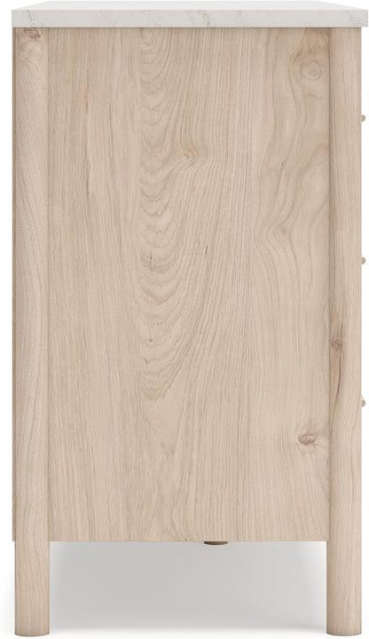 Signature Design by Ashley Cadmori Casual Bohemian Dresser with Post Legs and 6 Drawers, Replicated Marble Top, Wood, 35" High, White and Light Brown Finish