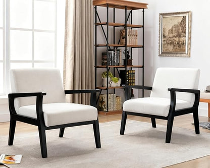 HNY Mid Century Armchair with Black Wood Frames, Linen Upholstered Living Room Arm Chair, for Living Room, Bedroom, Ivory