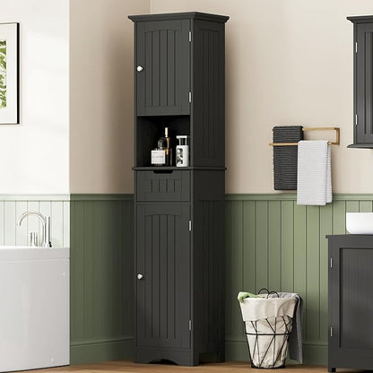 ChooChoo 67" Tall Bathroom Storage Cabinet, Narrow Bathroom Cabinet with 2 Doors and 1 Drawers, Freestanding Cupboard Floor Cabinet with Adjustable Shelves for Living Room, Kitchen, Black