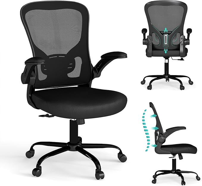 Flysky Mesh Office Chair, Ergonomic Computer Desk Chairs for Home Office - with Comfy/Comfortable Flip-up Arm Rests, Lumbar Support, Height Adjustable, 360 Degree Rolling Swivel (Black)