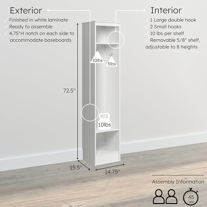 Prepac Narrow Coat Rack Freestanding Hall Tree with 3 Hooks, Entryway Furniture for Coat and Shoe Storage, Entryway Organization with an Adjustable Shelf, 14.75"W x 72.5"H x 15.5"D, White