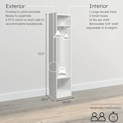 Prepac Narrow Coat Rack Freestanding Hall Tree with 3 Hooks, Entryway Furniture for Coat and Shoe Storage, Entryway Organization with an Adjustable Shelf, 14.75"W x 72.5"H x 15.5"D, White