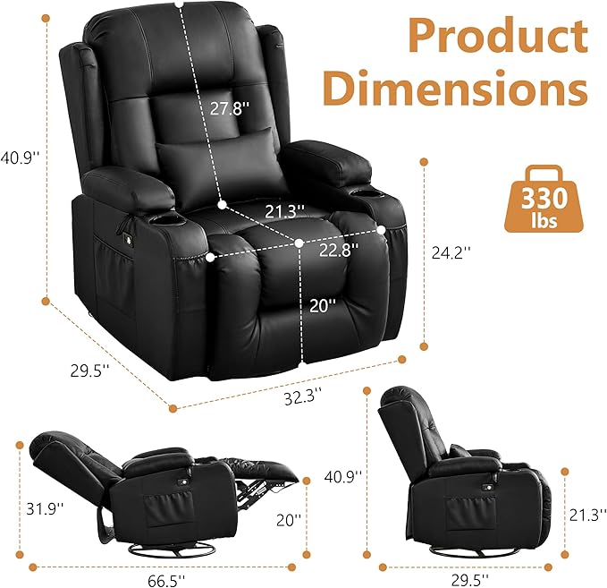 URRED Rocker Recliner Chair for Adults, 270° Swivel Glider Reclining Single Sofa with LED Ambient Light, Cup Holders and Side Pockets, Faux Leather Recliner for Living Room or Home Theater, Black