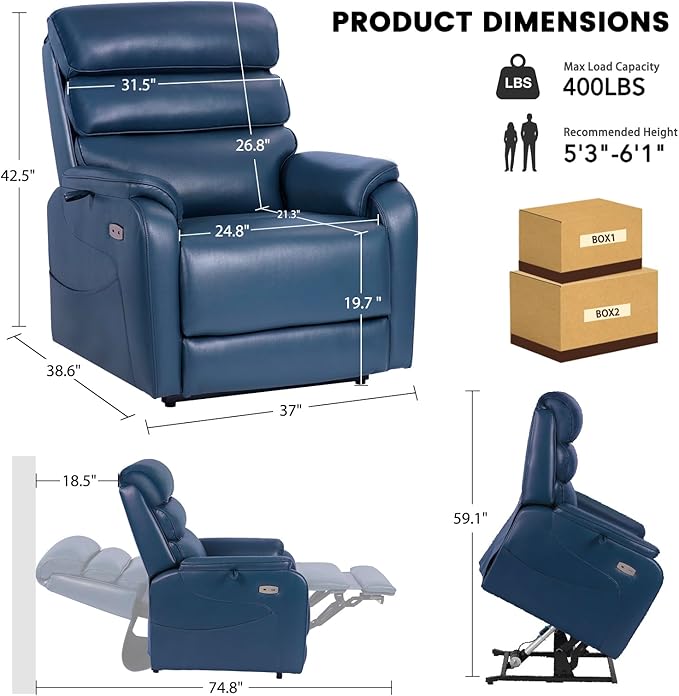 EONIX Wide Lay Flat Power Lift Recliner Chair for Elderly, Heavy Duty Oversized Faux Leather Lift Chairs with Heat and Massage and Charging Ports, Big and Tall Electric Recliner for Adults, Navy Blue