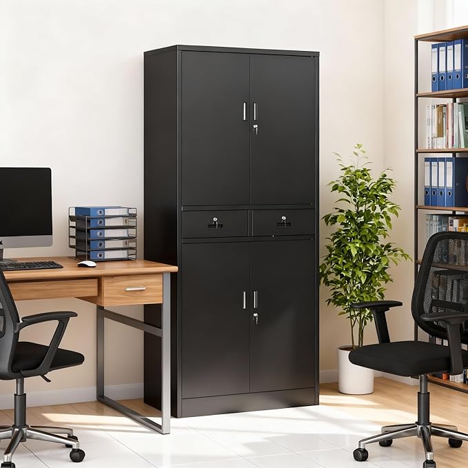 BESFUR Metal Cabinet, Garage Storage Cabinet with Drawers and Adjustable Shelves for Garage, Office, Classroom- Black