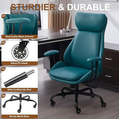 Home Office Desk Chair, PU Casters Ergonomic Computer Chair with Lumbar Support, Adjustable Height, 360°Rolling Swivel Chair, High Back Executive Task, Padded Armrests Chair, Green Leather
