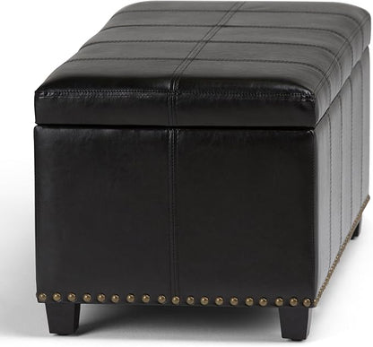 SIMPLIHOME Amelia 33 inch Wide Transitional Rectangle Storage Ottoman Bench in Midnight Black Vegan Faux Leather, Assembled, For the Living Room, Entryway and Family Room