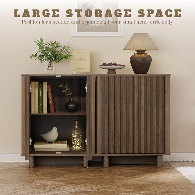 LukeAlon Fluted Sideboard Cabinet, Mid-Century Modern Accent Buffet Cabinet with Storage, 47" Wooden Credenza Cabinets 31.5" Height for Living Room Dining Room Entryway Hallway, Walnut Color