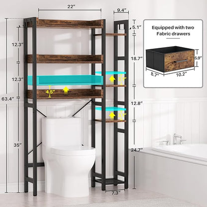 Over The Toilet Storage with 2 Drawers - 7 Tier Bathroom Organizer with Adjustable Shelf, Freestanding Space Saver Storage Rack Above Toilet Stand with 4 Hooks for Restroom, Laundry, Rustic Brown