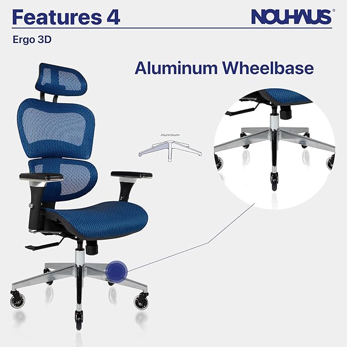 Nouhaus Ergo3D Ergonomic Office Chair Lumbar Support Mesh Office Chair with 4D Adjustable Armrest, Adjustable Headrest and Wheels, Mesh High Back Home Office Desk Chairs(Blue)