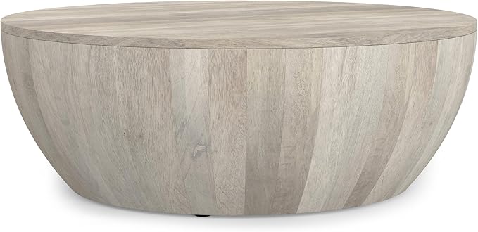 SIMPLIHOME Elmbrook Coffee Table - 34 inch Wide Solid Mango Wood Modern Industrial Round Drum Cocktail Table in White Wash, Sculptural Living Room Table with Low Profile Design, Assembled