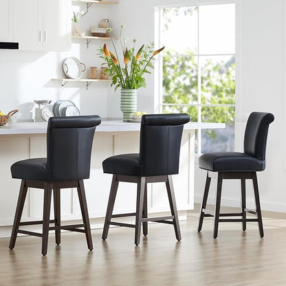CHITA 26 Inch Counter Height Swivel Bar Stools Set of 2, FSC Certified Modern Upholstered Faux Leather Swivel Barstool Chair with Back, Black