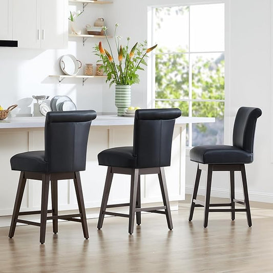 CHITA 26 Inch Counter Height Swivel Bar Stools Set of 2, FSC Certified Modern Upholstered Faux Leather Swivel Barstool Chair with Back, Black