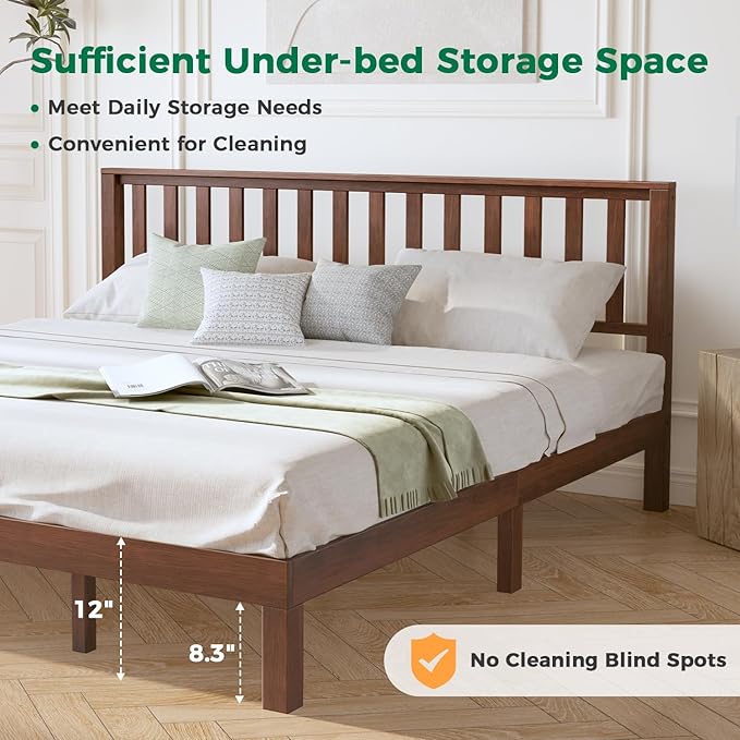 DELAVIN King Size Bed Frame and Headboard, Mid Century Modern Platform Bed, Malaysian Oak Bed with 12 Slats Support,Solid Wood Function, No Box Spring Needed, Easy Assembly, King, Antique Espresso