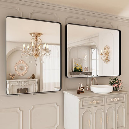 40x30 Inch Black Metal Framed Bathrrom Mirror for Wall,Matte Black Rectabgle Vanity Mirror,Tempered Glass,Anti-Rust,Rounded Corner,Horizontal or Vertical