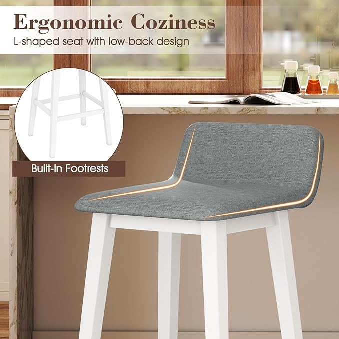 COSTWAY Wooden Bar Stools Set of 4, 29-inch Height Upholstered Padded Seat, Low Backrest, Footrest, Rubber Wood Legs, Armless Bar Chairs for Kitchen Counter Island, Dining Room, White+Gray