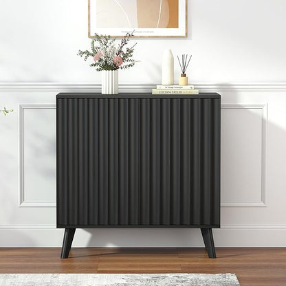 Fluted Sideboard Buffet Cabinet with 2 Doors, Modern Storage Cabinet with Adjustable Shelves, Wood Console Table for Kitchen Dining Living Room Entryway (Black)