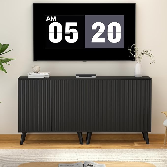Fluted Sideboard Buffet Cabinet with 2 Doors, Modern Storage Cabinet with Adjustable Shelves, Wood Console Table for Kitchen Dining Living Room Entryway (Black)
