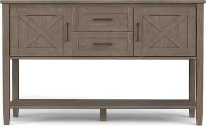 SIMPLIHOME Ela Console Table - 48 Inch Wide Solid Wood Sofa Table in Smoky Brown, Transitional Storage for Entryway or Living Room with 2 Drawers, 2 Cabinets, Open Shelf, and X-Panel Doors