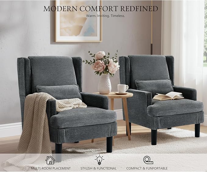 Accent Chair for Living Room Chairs Upholstered Oversized Reading Chair Armchair Accent Chairs Set of 2 Living Room Chair with High Back and Wood Legs,Arm Chair Comfy Chair for Bedroom(Dark Grey)