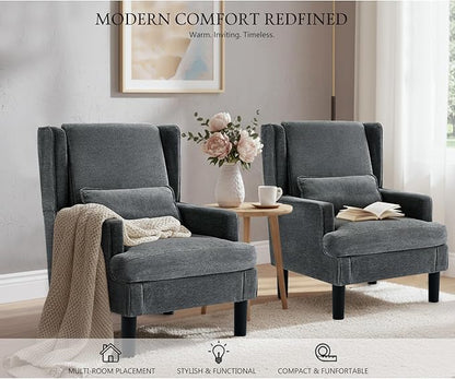 Accent Chair for Living Room Chairs Upholstered Oversized Reading Chair Armchair Accent Chairs Set of 2 Living Room Chair with High Back and Wood Legs,Arm Chair Comfy Chair for Bedroom(Dark Grey)