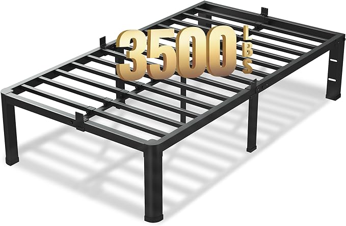 14 Inch Twin Size Bed Frame, 3500Lbs Heavy Duty Metal Platform with Round Corner Legs Mattress Slide Stopper, Steel Slat Support No Box Spring Needed, Noise Free, Non-Slip, Easy Assembly