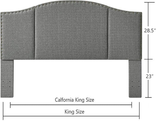 24KF Middle Century Linen Upholstered Tufted King Size Headboard with Antique Brass Nail Heads Trim King/California King headboard-Granite
