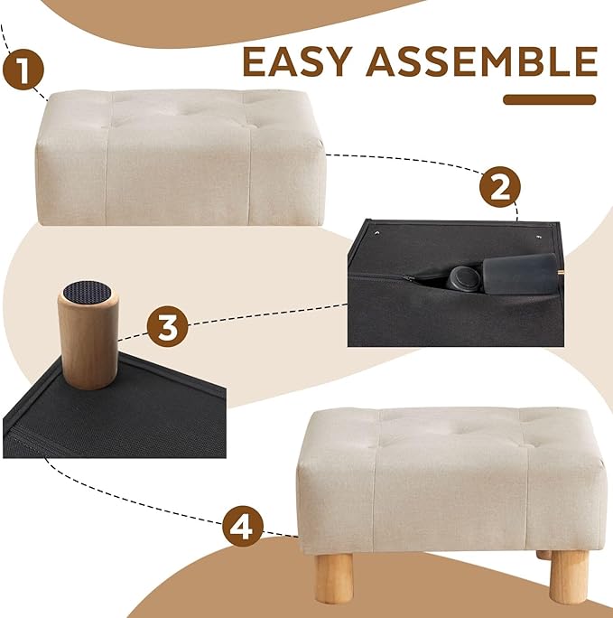Small Foot Stool Ottoman, Linen Footstool Ottoman Foot Rest for Couch, Rectangle Footstools and Ottomans Small for Living Room, Entryway and Bedroom (Beige)