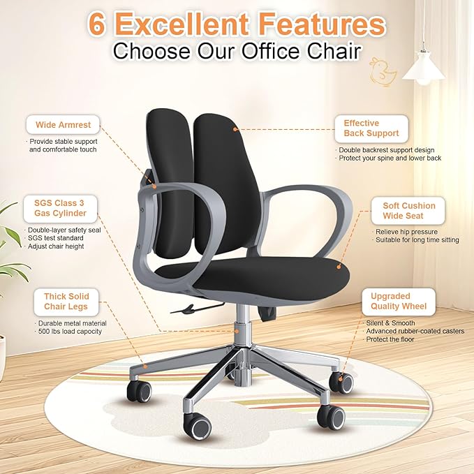 Ergonomic Office Chair Desk Chair Dual-backrest Computer Chair with Flexible Lumbar Support and Adjustable Height, 500lbs Extra Wide Seat with Wheels, for Home & Office Use Black