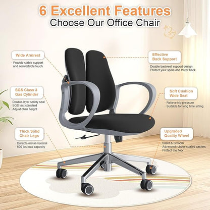 Ergonomic Office Chair Desk Chair Dual-backrest Computer Chair with Flexible Lumbar Support and Adjustable Height, 500lbs Extra Wide Seat with Wheels, for Home & Office Use Black