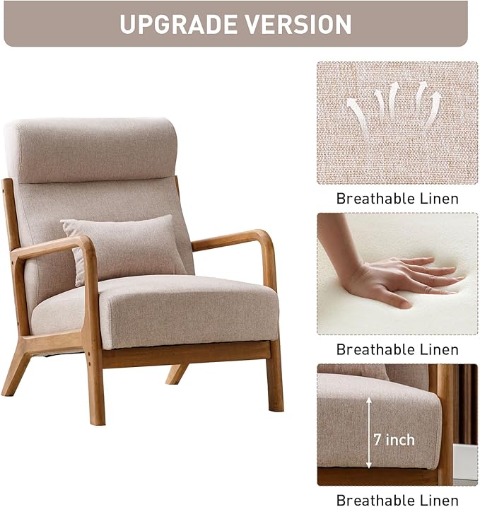 ANJHOME Mid Century High Back Accent Chairs Set of 2, Single Lounge Armchair with Solid Wood Frame, Comfy Reading Chair for Living Room, Easy Assembly