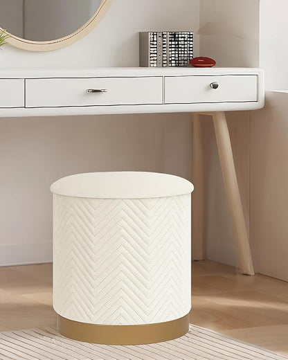B FSOBEIIALEO Ottoman with Stroage, Round Velvet Storage Ottoman with Gold Plating Base,Foot Rest Stool for Dorm Room, Living Room White, 14.76"x14.76"x16.36"