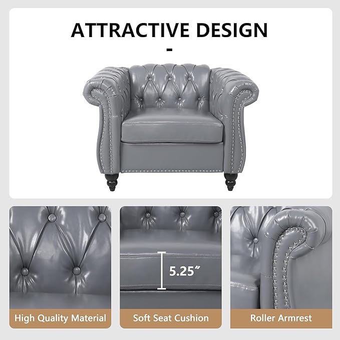 2 Piece Living Room Furniture Set, Faux Leather Loveseat and Chair Set, Mid Century Modern Upholstered Sofa Couch with Cushions, Vintage Comfy Tufted Chesterfield Couches for Bedroom, Office (Grey)