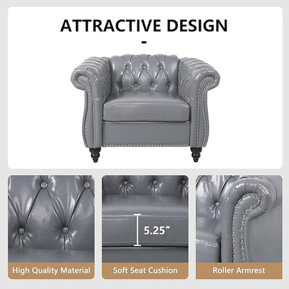 2 Piece Living Room Furniture Set, Faux Leather Loveseat and Chair Set, Mid Century Modern Upholstered Sofa Couch with Cushions, Vintage Comfy Tufted Chesterfield Couches for Bedroom, Office (Grey)
