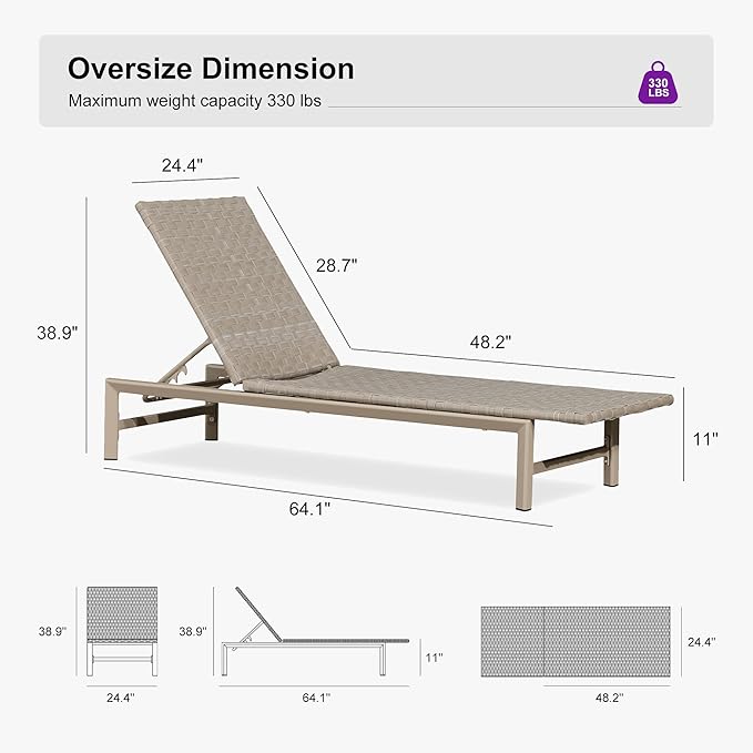 PURPLE LEAF Patio Chaise Lounge Rattan Chair Set of 2 Outdoor Pool Adjustable Recliner Wicker Chairs for Outside Woven Furniture Tanning Poolside Lounger Slate Gray
