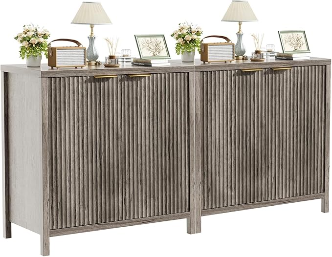 Sideboard Buffet Cabinet Set of 2, 31" Fluted Storage Cabinet with 2 Doors and Adjustable Shelves, Modern Sideboard Console Table for Living Room,Entryway,Dinning Room,Kitchen-Grey