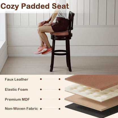 COSTWAY 30" Bar Height Stools Set of 2, Swivel High-Top Chairs with Backrest & Faux Leather Padded Seat, Rubber Wood Counter Barstools with Footrest for Kitchen Islands, Dining Room, Pub (2,30'')
