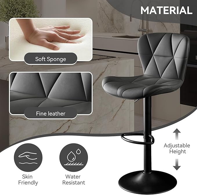 Bar Stools Set of 6,Adjustable Swivel Barstools, Faux Leather Bar Chairs,Upholstered Counter Height with High Backrest for Kitchen Island, Black
