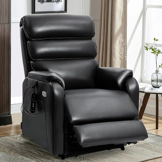 EONIX Wide Lay Flat Power Lift Recliner Chair for Elderly, Heavy Duty Oversized Breathable Faux Leather Lift Chairs Recliner Sofa with Heat and Massage and Charging Ports, Black