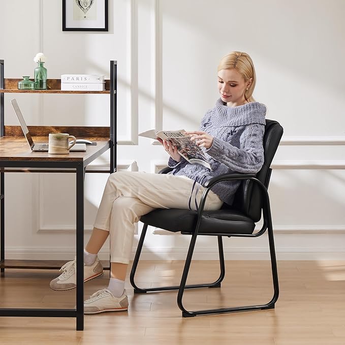 NEWBULIG Waiting Room Guest Chair, Stationary Office Reception Chairs No Wheels, Comfy Padded Arms and Seld Base, for Conference Room Lobby Home Computer Desk Bedroom Elderly, Black