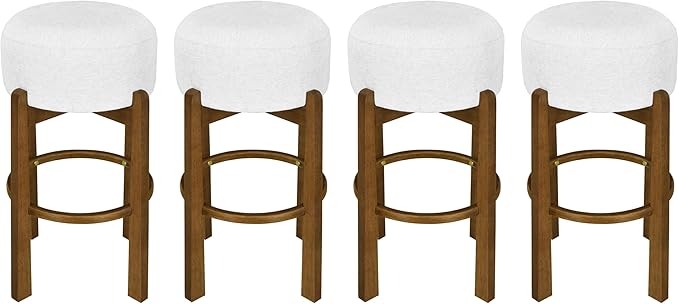Christopher Knight Home Lera Modern Counter Height Bar Stools Set of 4, Fabric Round Stool Chair for Kitchen Island, Wooden Dining Room Chair, Upholstered Counter Stool with Footrest,Dark Walnut+Ivory