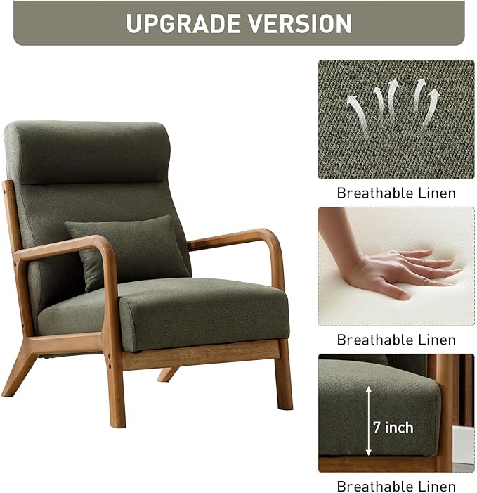 ANJHOME Mid Century Modern Accent Chair with High Back, Single Lounge Armchair with Solid Wood Frame, Comfy Reading Chair for Living Room, Easy Assembly
