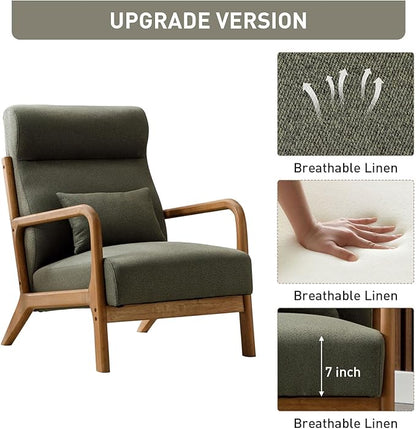 ANJHOME Mid Century Modern Accent Chair with High Back, Single Lounge Armchair with Solid Wood Frame, Comfy Reading Chair for Living Room, Easy Assembly